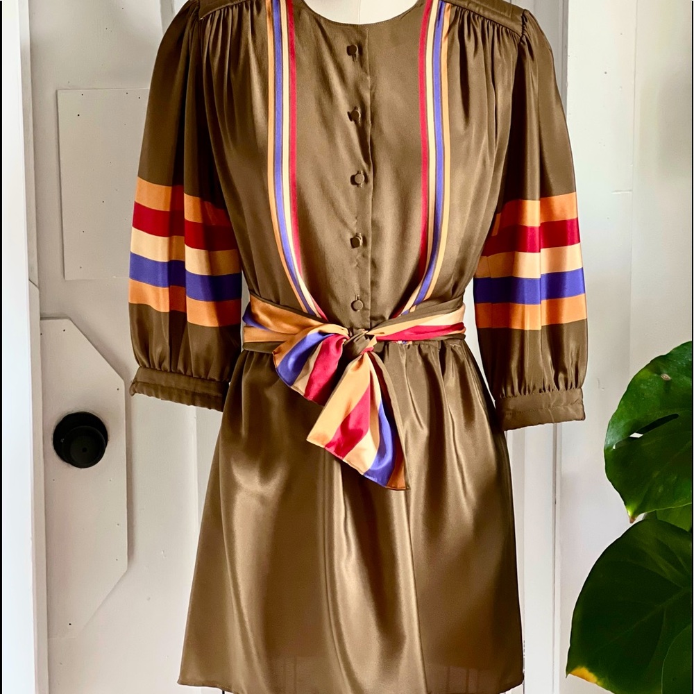 Vtg Olive Silk Stripe Puff Sleeve Edna Eysen Mini Dress S/M